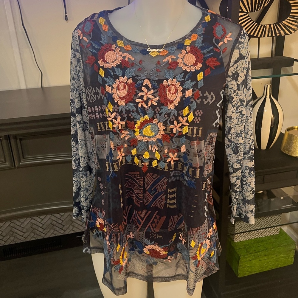 JOHN • Mark embroidered blue BoHo tunic blouse small